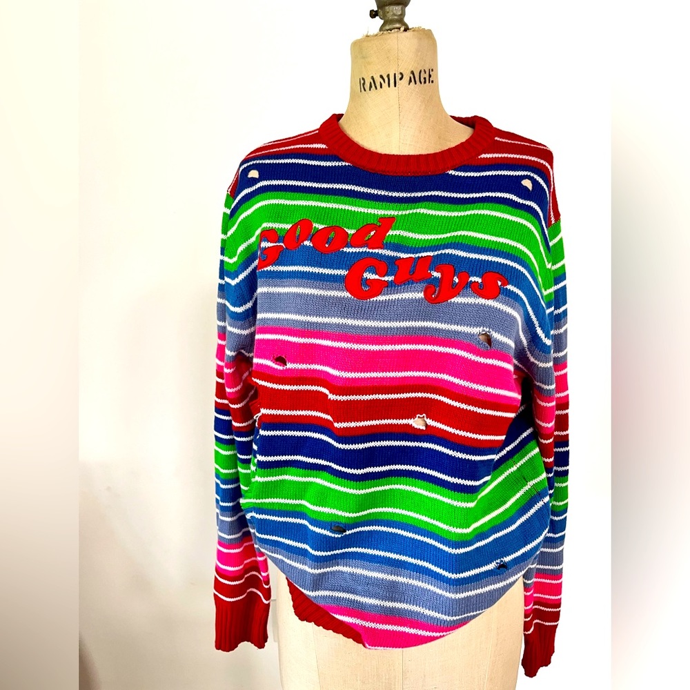 Chucky Halloween Childs Play “Good Guys” Striped Distressed Sweater Adult M